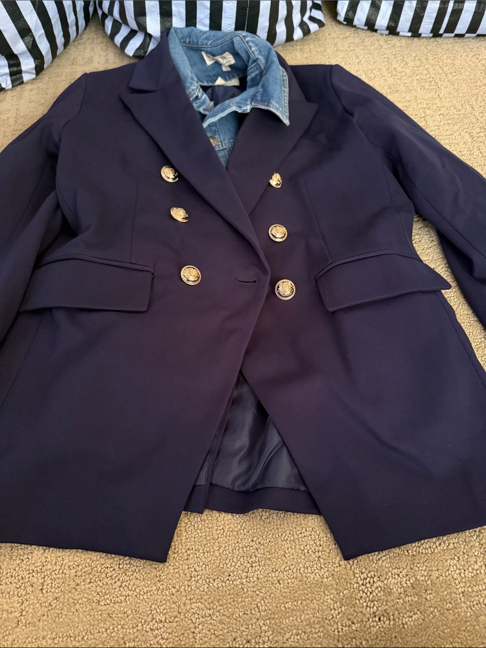 Anthropologie Navy Double-Breasted Blazer with Gold-Tone Buttons